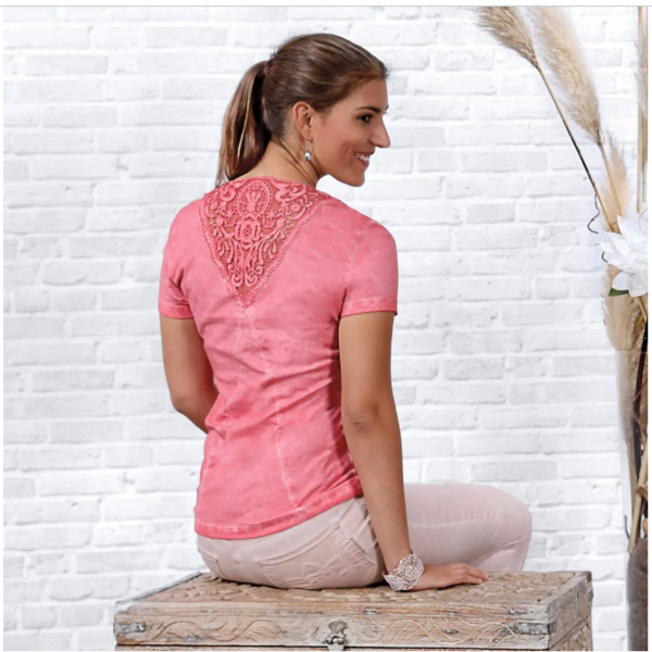 Shirt mit Spitzeneinsatz, flamingo Gr. M, Bio-Baumwolle mit Rosenquarz